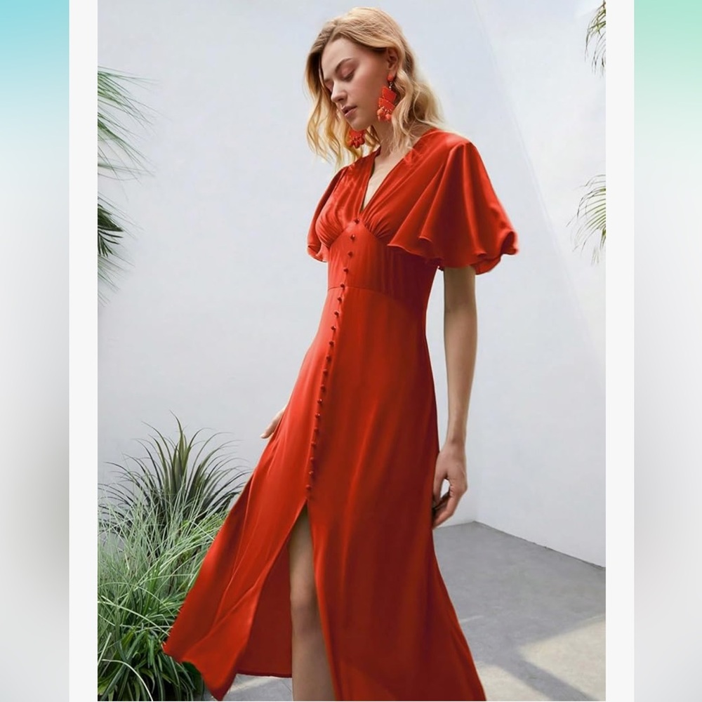 Elegant Orange Midi Classic Pinup Inspired Short Sleeve Women’s Dress Size Large - Picture 3 of 9